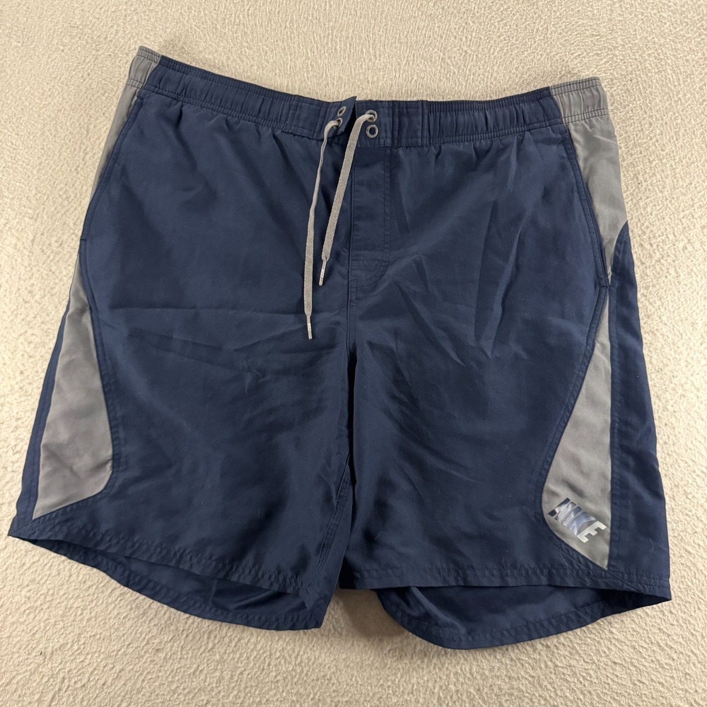 Nike Swim Trunks Mens Large Navy Blue Grey Colorblock Mesh Lined 8" Inseam Y2K